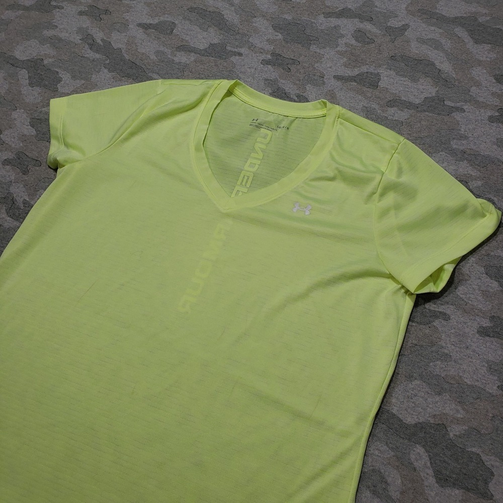 Under Armour Top Womens Large Yellow V Neck Short Sleeve Loose Day Glow